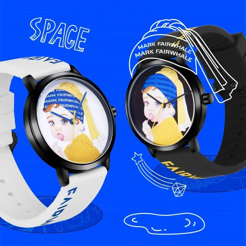 Mark Fairwhale  Women's Quartz Wristwatch Image of a Girl Silicone Strap Waterproof Manga Academy Style Couple Quartz Timepiece