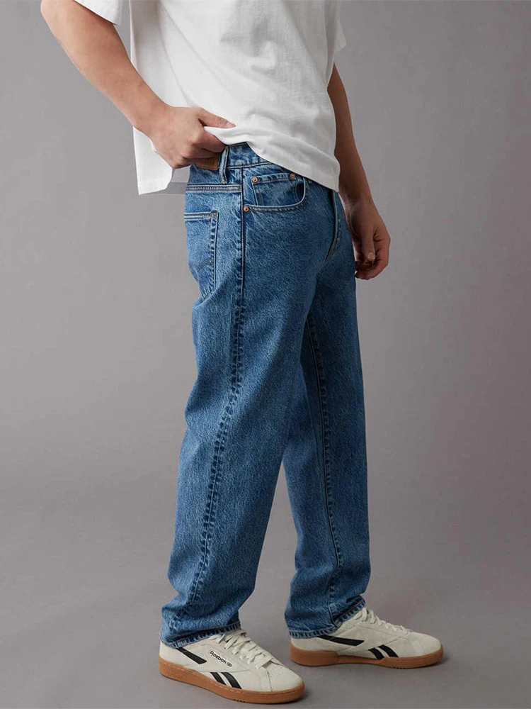 

Raysel Fabric Men's Loose Straight Leg Jeans Mid-Elastic Snowflake Blue Denim Autumn New Sle Casual Comfortable Cotton Blend