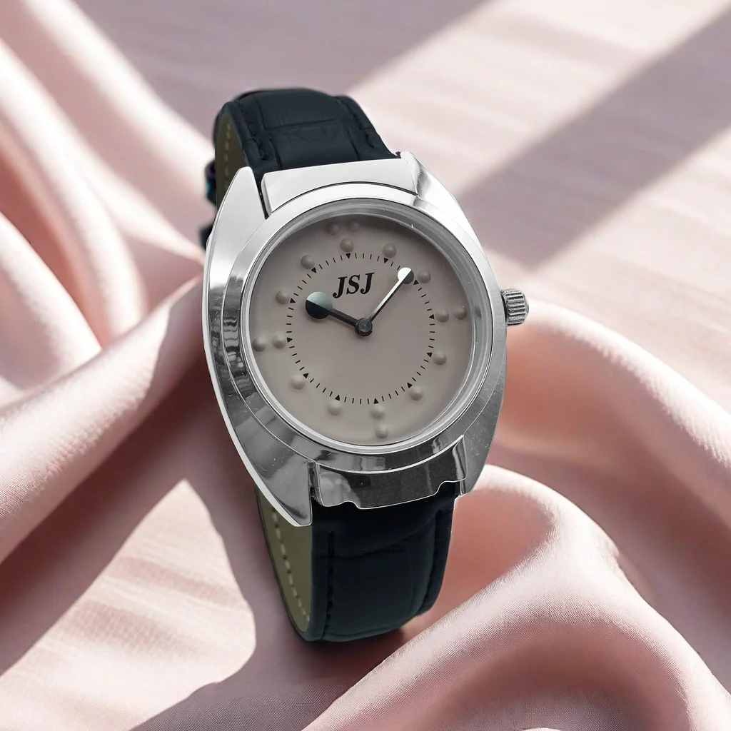 Taktile Uhr für Blinde Menschen mit Lederband, Rosa Zifferblatt