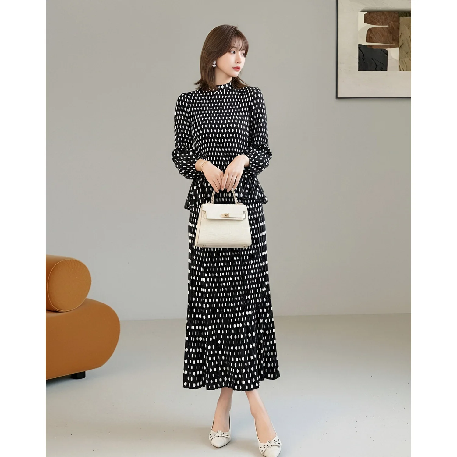 Autumn Miyake-style Pleated Set: French Polka Dot Stand-Collar Ruffle Top & Pleated Midi Skirt, 2-Piece Commuter Suit