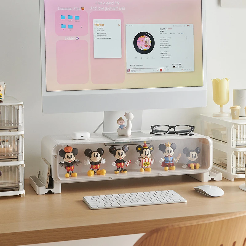 

Monitor PC rack with storage box, drawerable desktop Vinyl Figure display box, Multi-functional desktop storage rack