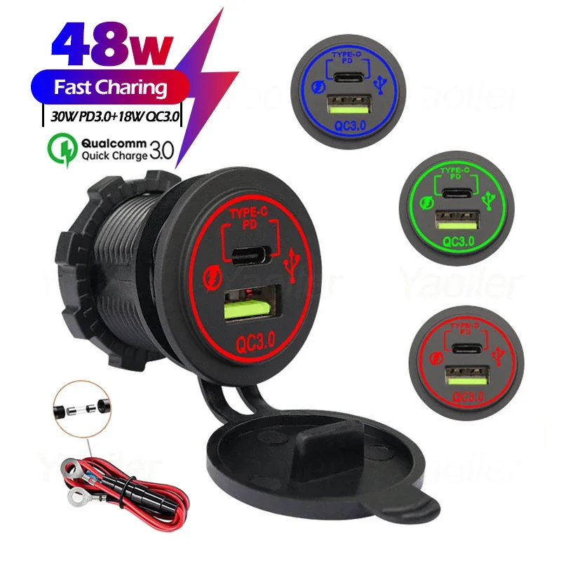 

12V Quick Charge 3.0 USB C Car Charger Waterproof QC3.0 PD Fast Charger Socket Power Outlet for Car Motorcycle Boat Marine Bus