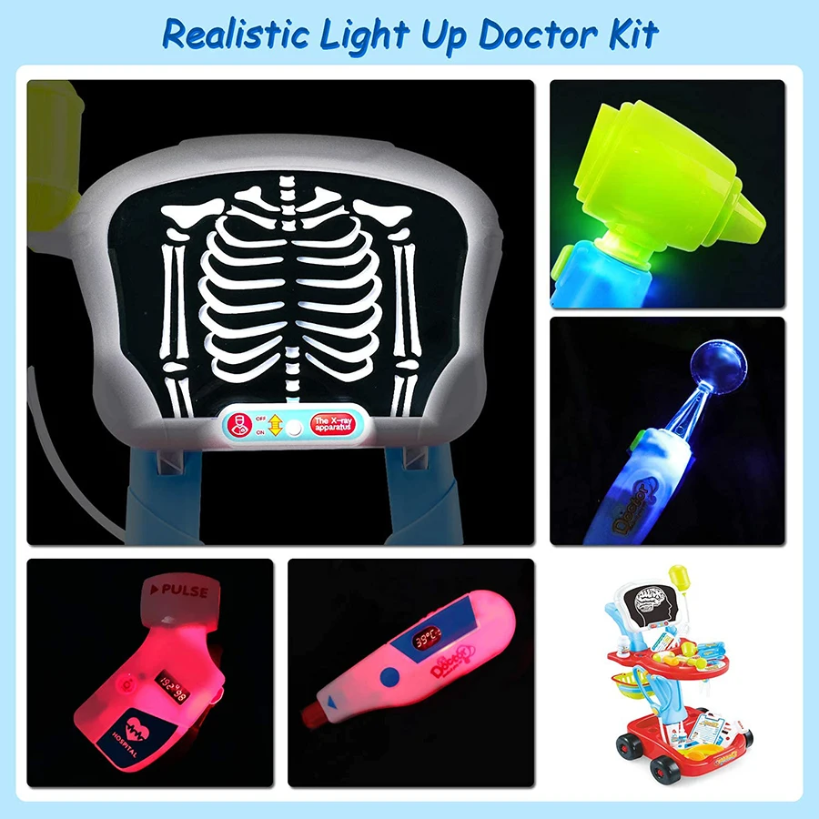 Kit médico con estetoscopio para niños, juguete con carro de rayos X ligero, juego médico de simulación para niños, 3-5