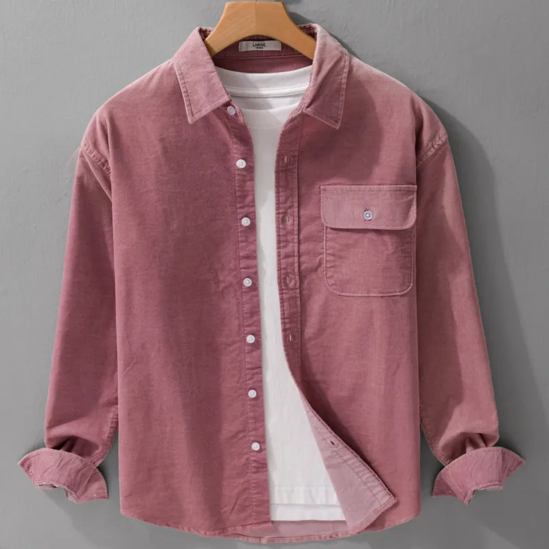 

Men's Spring and Autumn Japanese youth classic lapel with casual pocket design, loose and versatile long sleeved workwear shirt