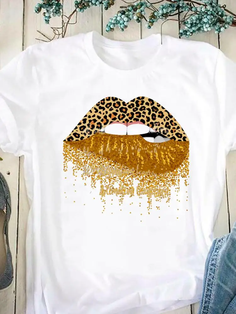 

T Shirt Clothing Graphic T-shirt Summer Print Clothes Short Sleeve Watercolor Lip 90s Style Trend Tee Women Fashion Female Top