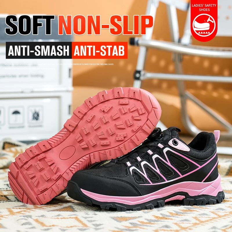 Steel Toe Safety Shoes Women Lightweight Breathable Rotating Button Anti-Puncture Anti-Smash Non Slip Industrial Work Boots