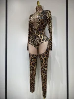 Women 2025 Stretch Leopard Print Sexy Bodycon Jumpsuit Bar Nightclub Singer Dancer Luxury Diamond Stage Performance Outfit - Image 2