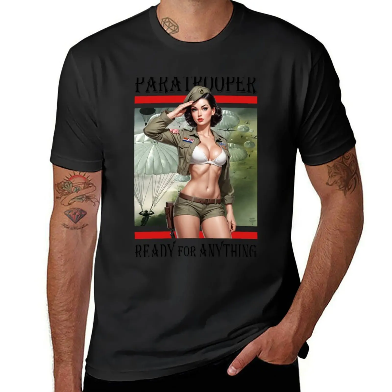 Paratrooper; Ready for Anything; Pin Up Girl; T-Shirt customs design your own summer top mens vintage t shirts