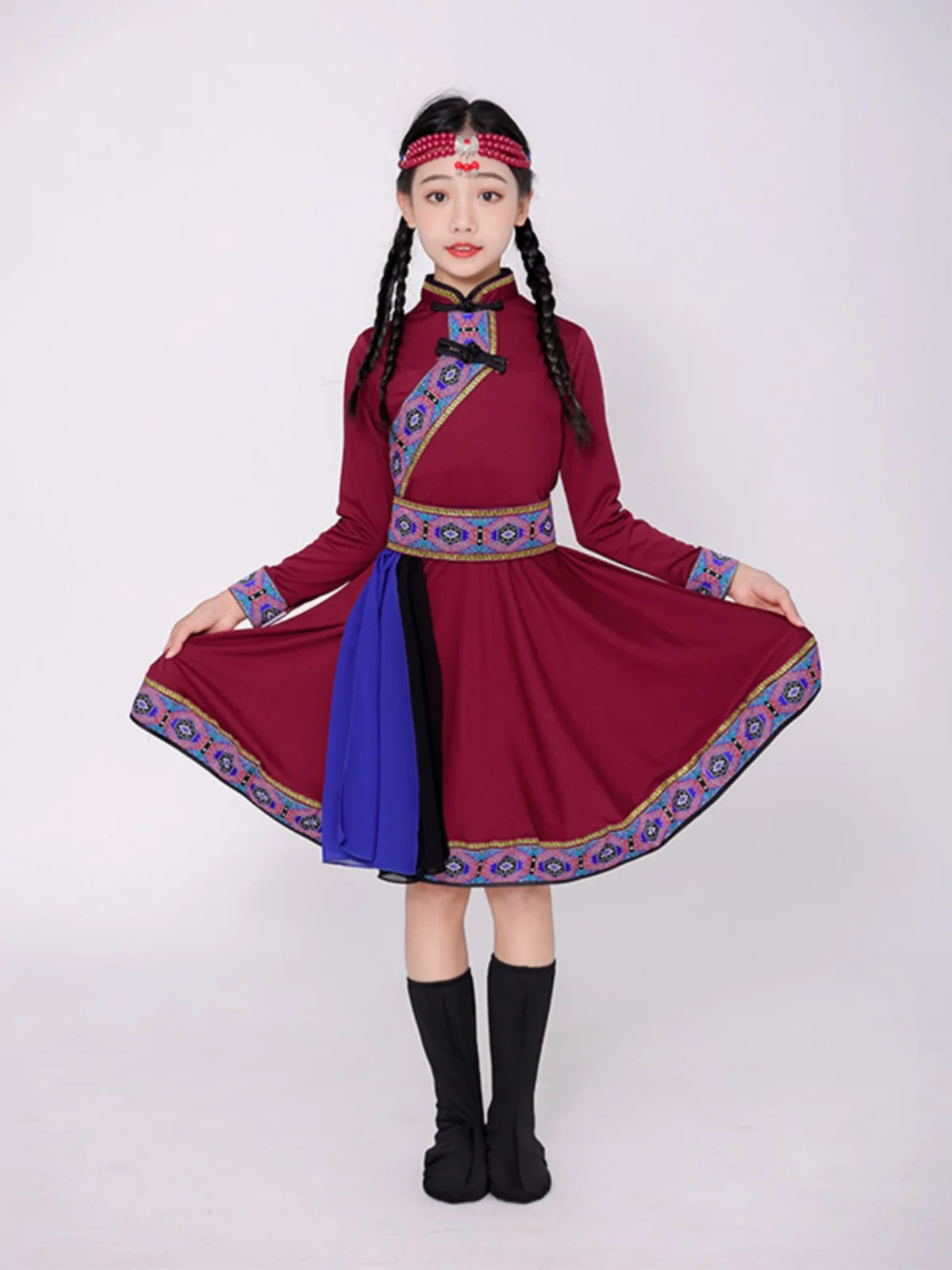 

New children Mongolian costume chopsticks white horse dance performance costume top bowl dance national dance dress girl