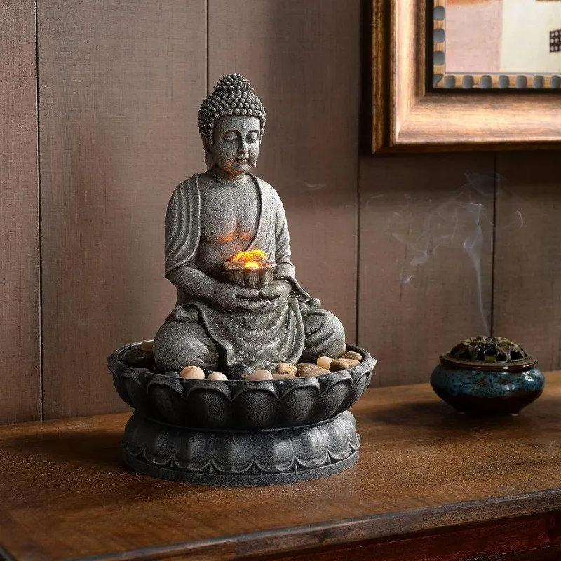 11.2 in Tall Indoor Décor Tabletop Buddha Fountains Desk Water Fountain Sitting Buddha Fountain Zen Fountain w/Reflective