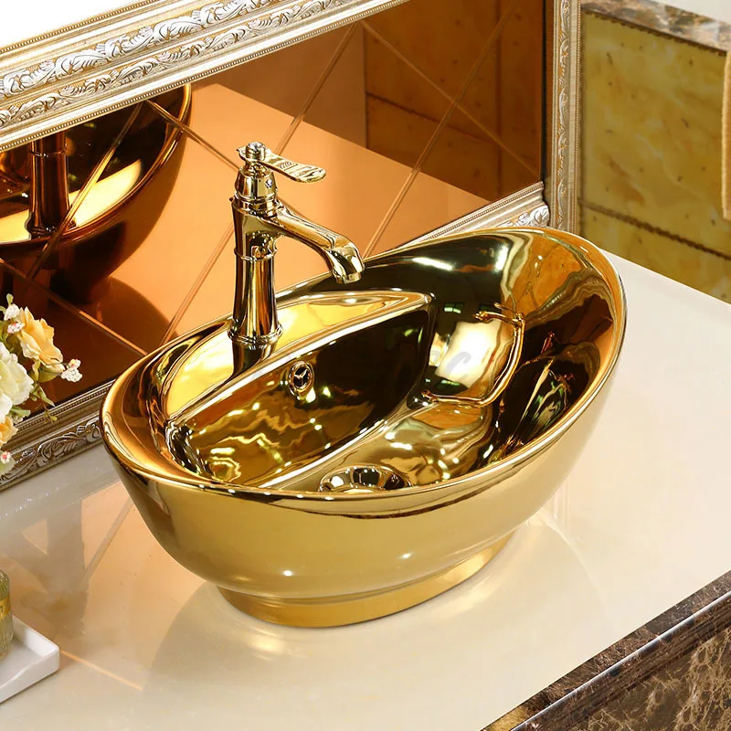 Yuanbao Gold Ceramic Art Basin European Style Bathroom Washbasin Modern Retro Sink