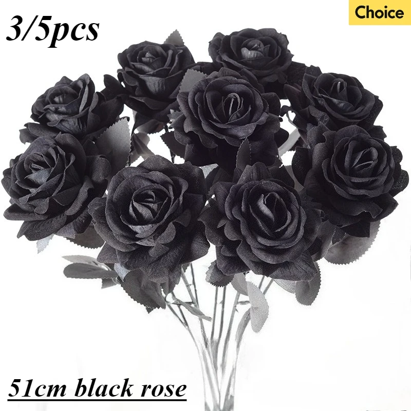 

Simulation All Black Rose Velvet Silk Flower 51cm Dark Artificial Rose Halloween Festival Party Decoration Props Fake Flower