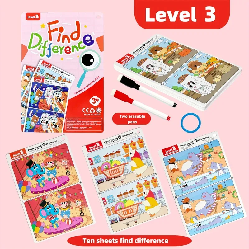 Find Differences Cards Reusable Erasable Early Learning Educational Toys With Color Illustrations Preschool Educational Tools