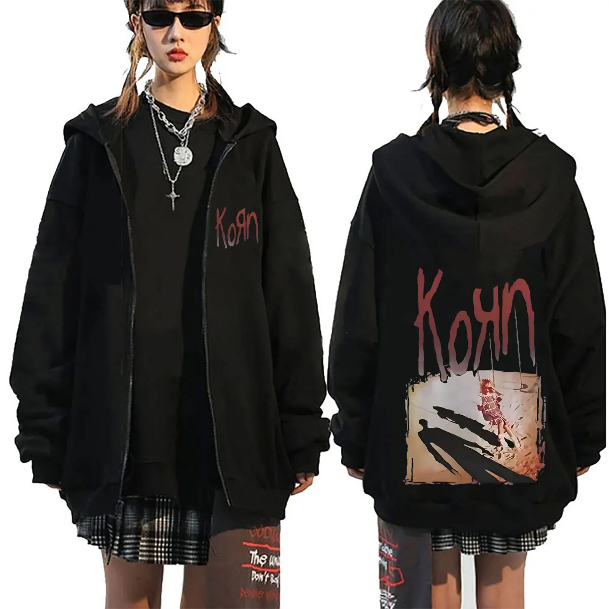 

Rock Band Korn Album Zipper Hoodie Men Women Retro Alternative Metal Zip Up Jacket Men's Gothic Oversized Zip Up Sweatshirt Coat