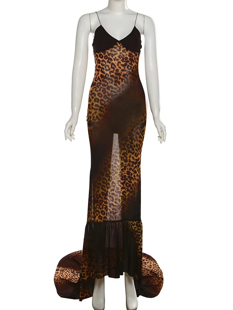 kliou Mesj Sheer Frauen Maxi Kleid Sexy Leopard Vintage Suspendency Low Neck Backless Unregelmäßige Vestidos Damen Festival Kleid
