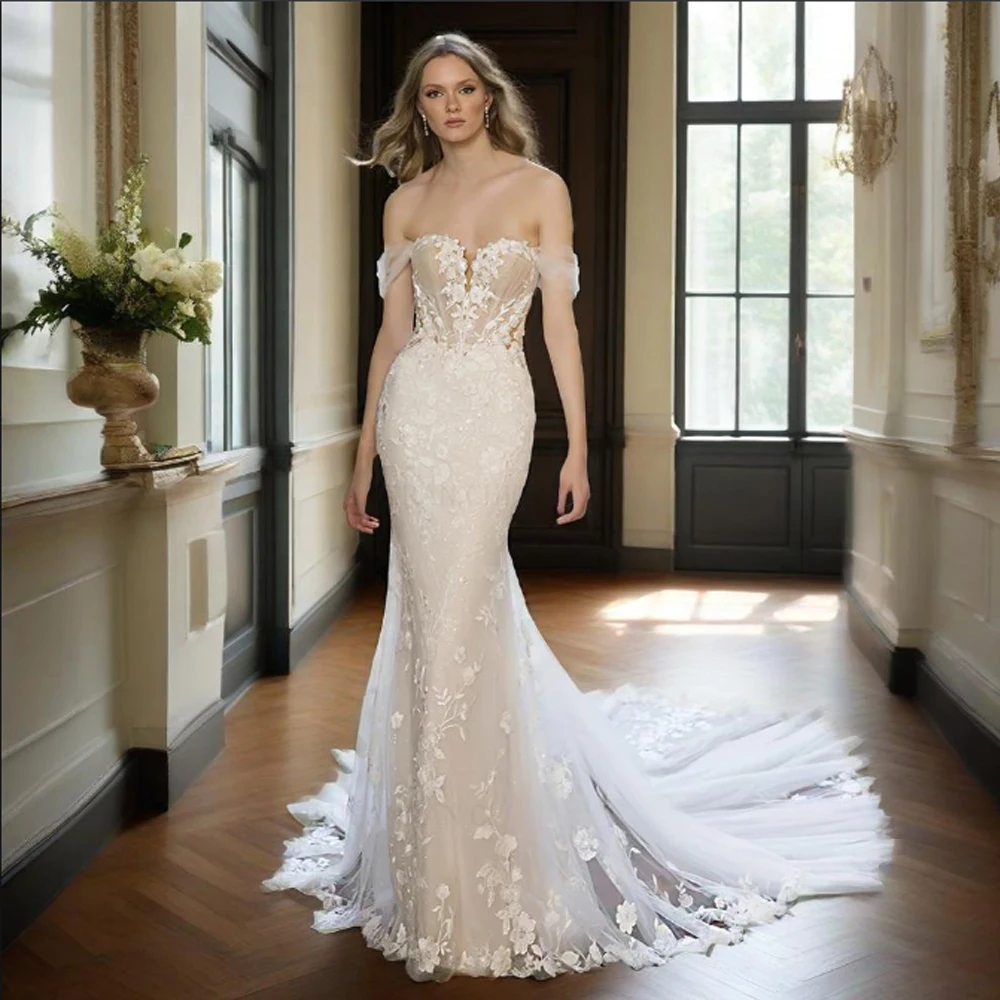 

Exquisite Strapless Wedding Dress for Woman Mermaid Off Shoulder Bridal Gowns Button Back New Summer Vestido De Casamento