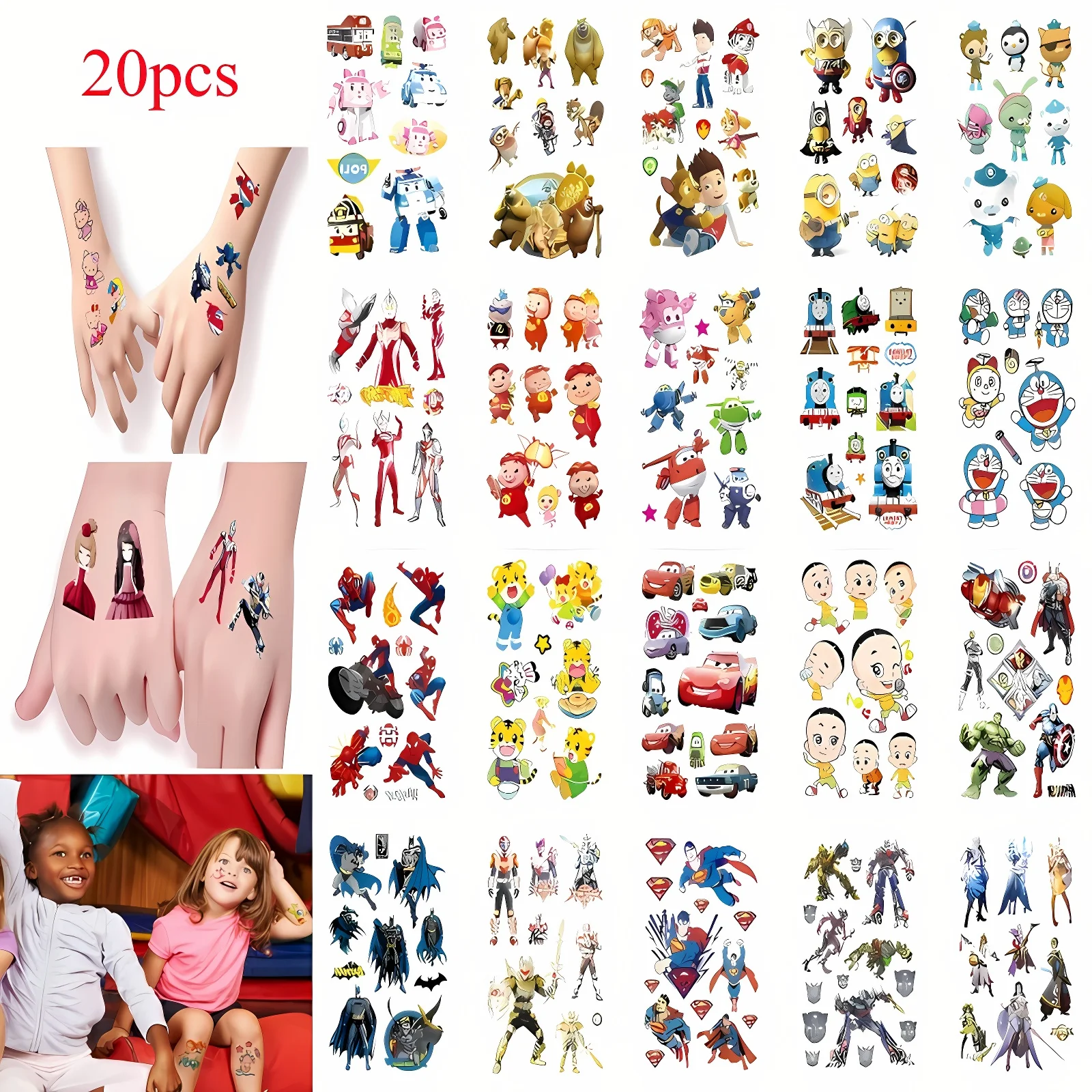 20sheets Temporary Cartoon Animated Characters Tattoos Stickers for Kids Removable Cute Fake Tattoos Clavicle Wrist Long Lasting