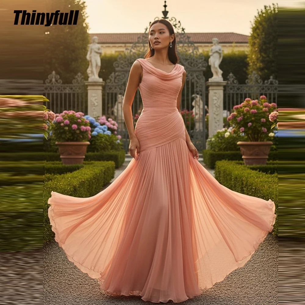 

Thinyfull Mermaid Chiffon Arab Prom Dresses Sleeveless Pleat Evening Dress Dubai Holiday Style Gowns Robe De Soirée Customized
