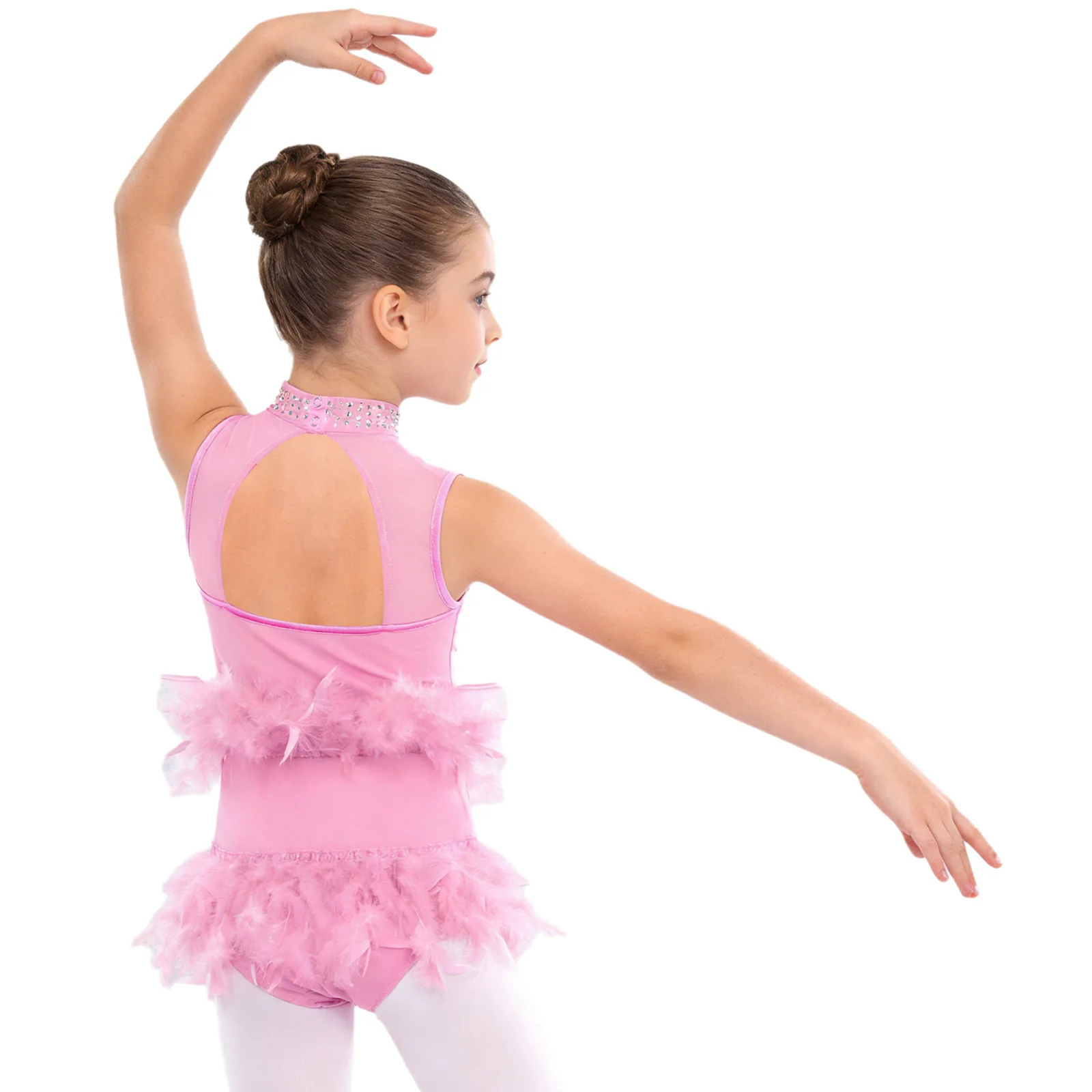 Kid Girls Feather Ballet Gymnastics Leotard Color Block Figure Skating Bodysuit Lyrical Dance Mesh Glittery Rhinestones Jumpsuit view 5