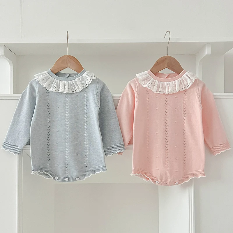 Infant Baby Girl Romper Knit Ruffle Newborn Hollow Out Long Sleeve Toddler Knit Jumpsuit Princess Lace Romper Spring Clothing