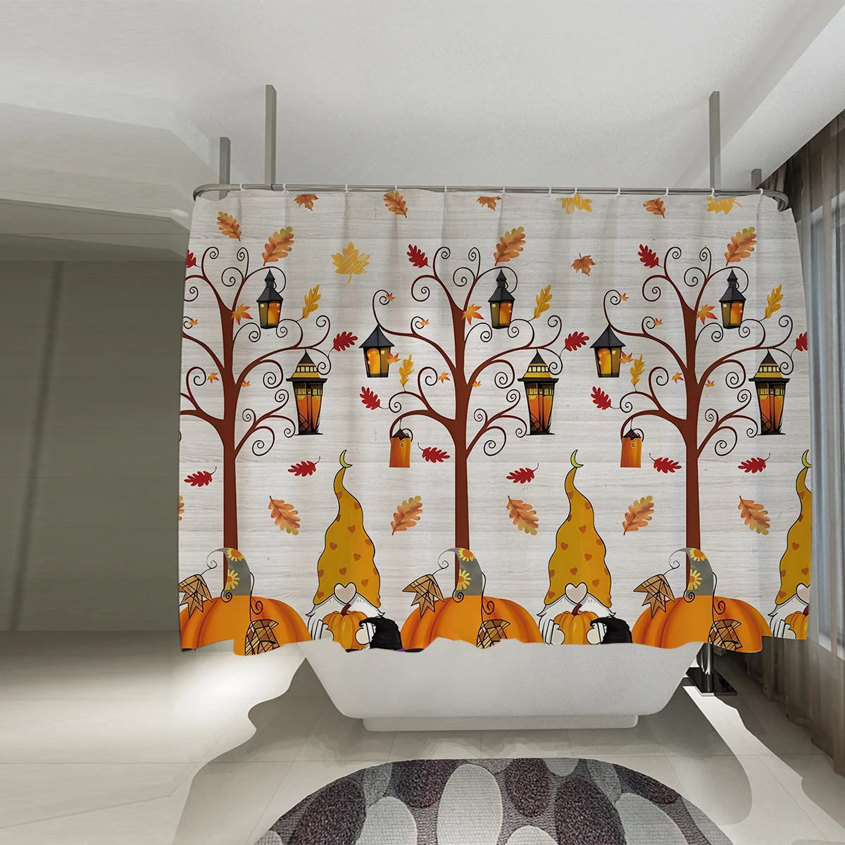Занавеска Для Душа С Тыквенным Фонарем На Хэллоуин И 12 Крючками, Полиэстер 72x72 Дюйма