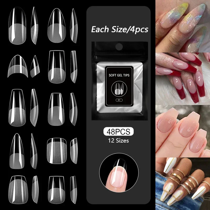 48 Teile/paket Falsche Nagelspitzen Weiches Gel Halbmatte Französische Vollständige Abdeckung Drücken Sie Auf Nägel Mandel Sarg Ultradünne Nahtlose Künstliche Nägel