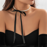 Salircon Korean Romantic Imitation Pearl Beaded Choker Fashion Black Velvet Adjustable Bow Necklace Banquet Wedding Jewelry