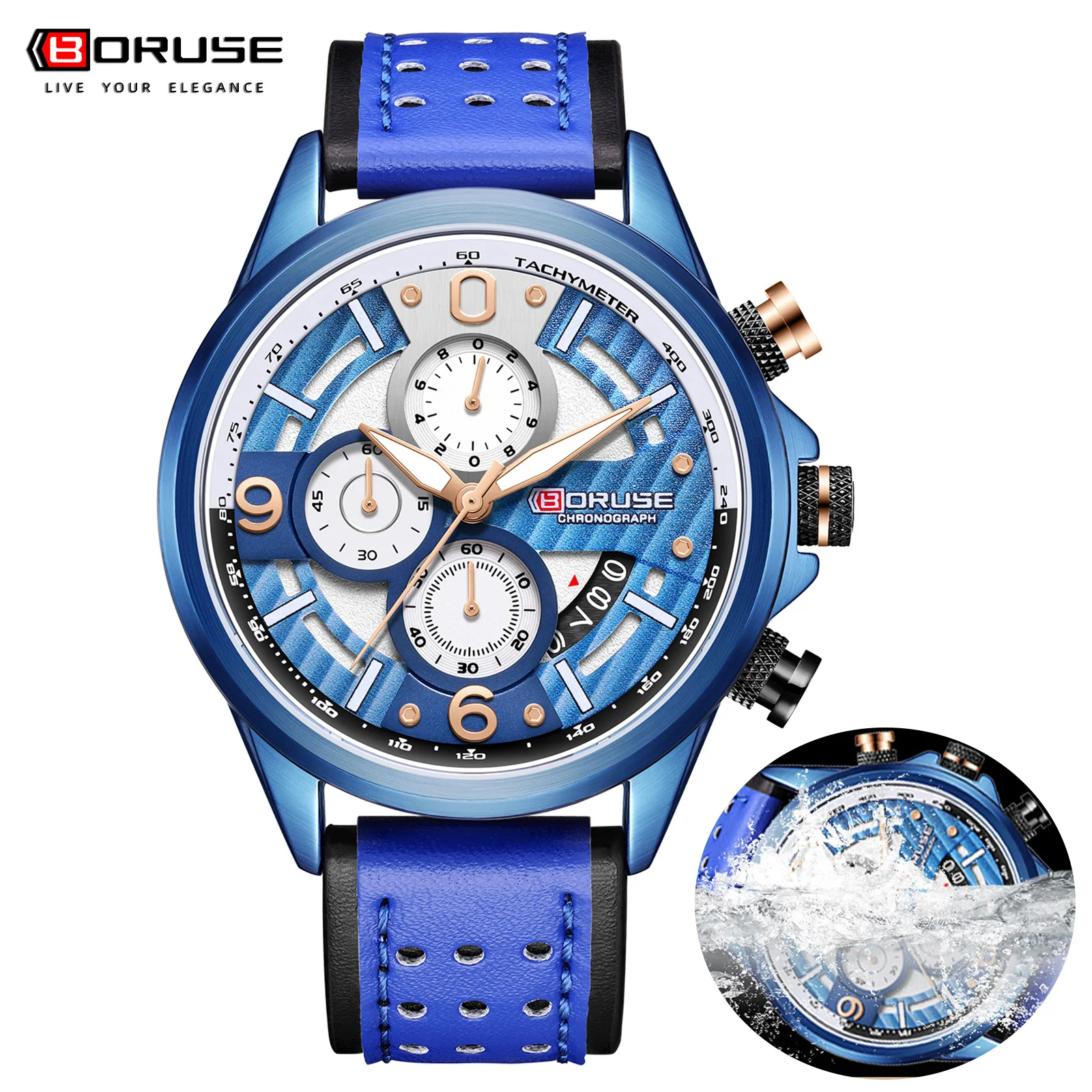 BORUSE Brand Fashion Mens Watches Luxury Business Quartz Watch Calendar Leather Watch Men Waterproof Sport Chronograph Clock