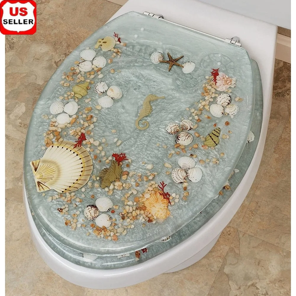 

Elongated Chrome Resin Toilet Seat 14.25x17 Durable Easy Clean Aqua Seashell Seahorse Design Heavy Quality