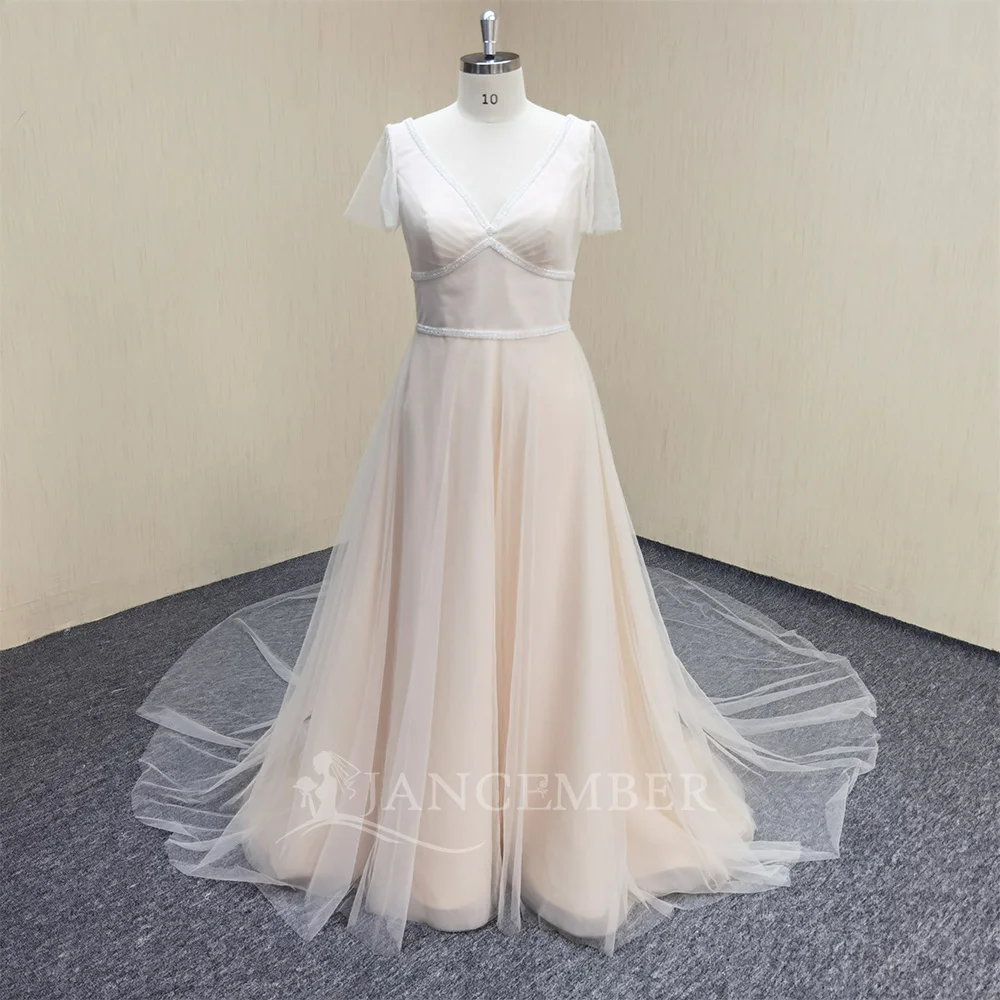 

Mordern Short Sleeves Lace Modern A-Line Wedding Dresses Floor-Length Customized Backless Princess Bridal Gown Vestido De Novia