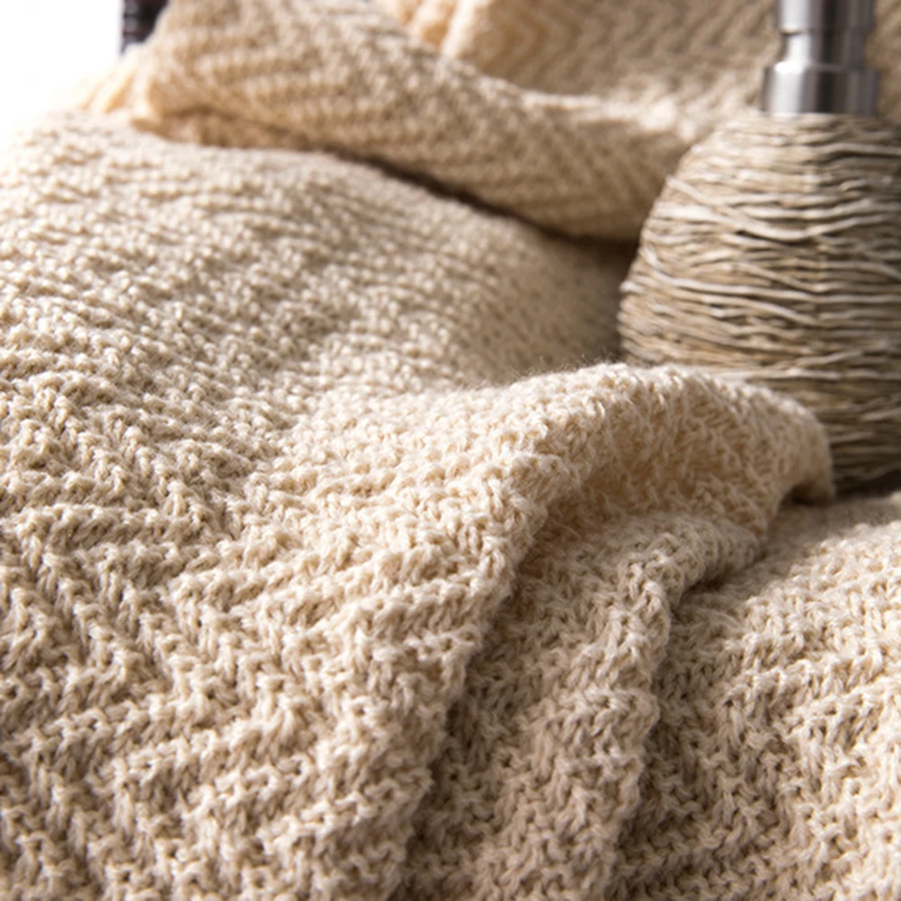 

130x160cm Warm Keep Blanket Knit Simple Bed Blanket Beige Tassel Crochet Sleeping Cover Home Sofa Crochet Sleeping Cover