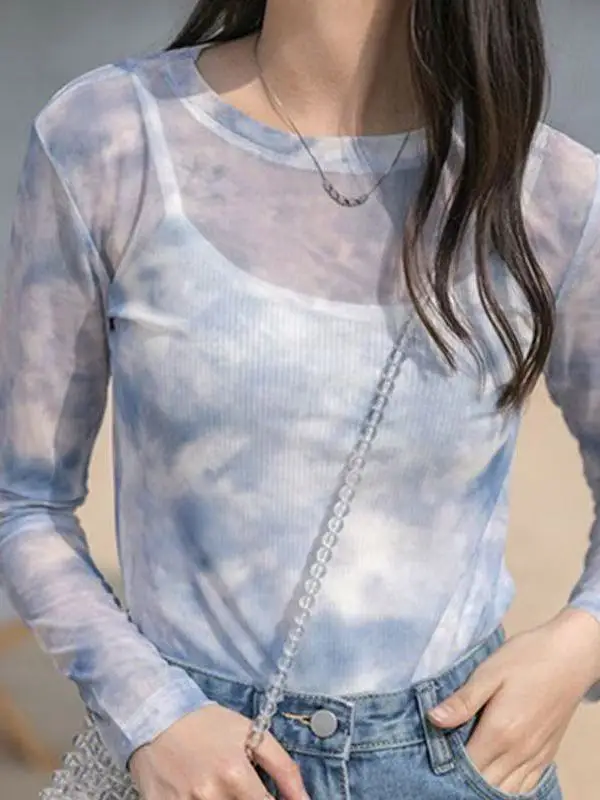 

Fashionable Long Sleeve T-Shirt Women's Lightweight Comfortable Ink Diffusion Mesh Top Slimming Versatile Sun Protection Casu...