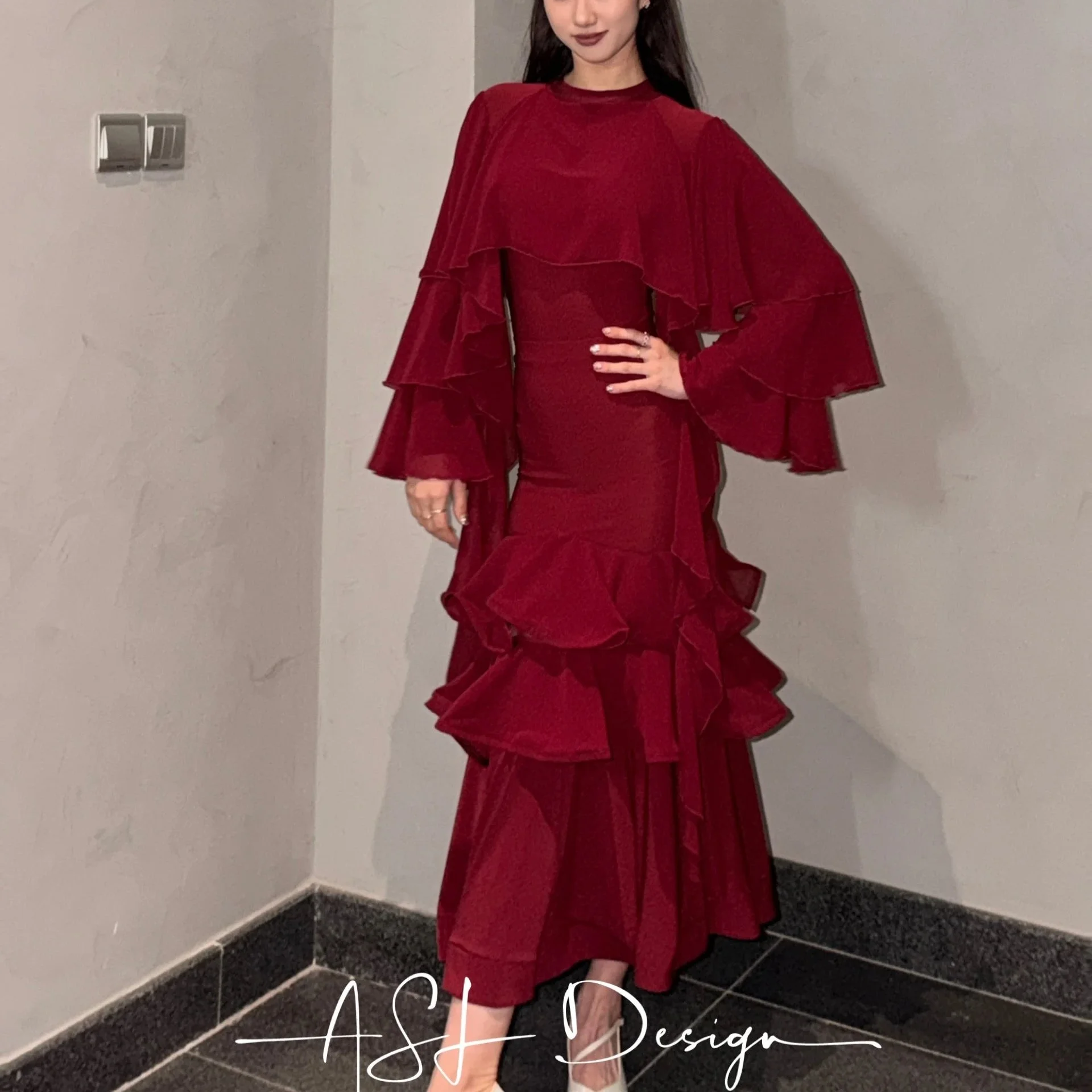 

Новая одежда для бальных танцев, женские топы с рюшами винно-красного цвета, длинная юбка, одежда для вальса, танцевальная одежда, платье для выступлений 18198