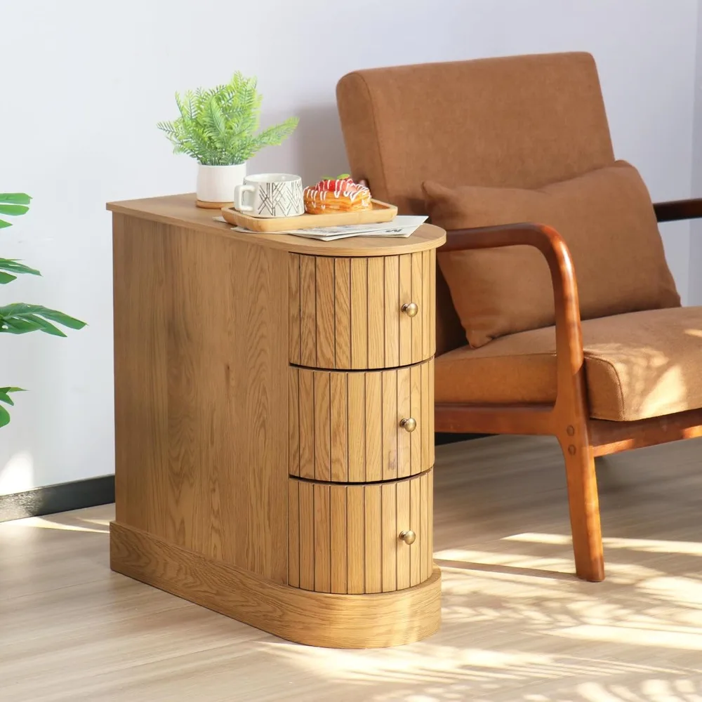 

End Table with 3 Drawers, Narrow Sofa Side Tables for Living Room, Slim Nightstand with Retro Metal Handle,