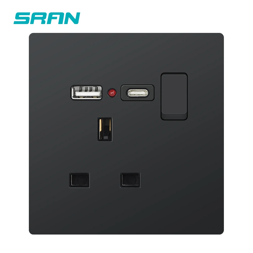 SRAN Wall Electrical Socket and Switch UK 3pin plug 13A, 86*89/146mm Plastic Panel, Universal Electrical Outlets with usb