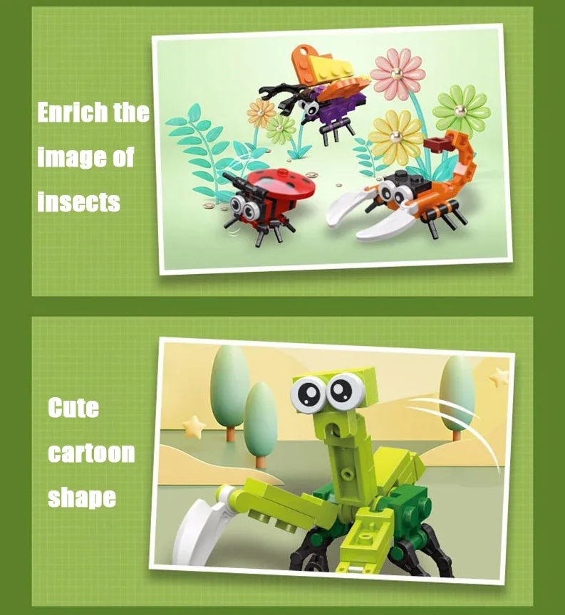 MOC Reptiles Animals Insect Specimen Model Building Blocks Jungle Butterfly Dragonfly Bee Ladybug Mantis Mosquito Bricks Toys