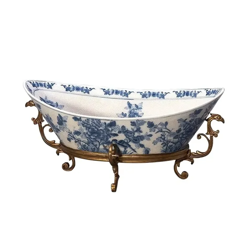 Antique Art Deco Ceramic Candy Plate/Plate Luxury French Ceramic Craft High Brass Feet Home Decoration Fruit Bowl