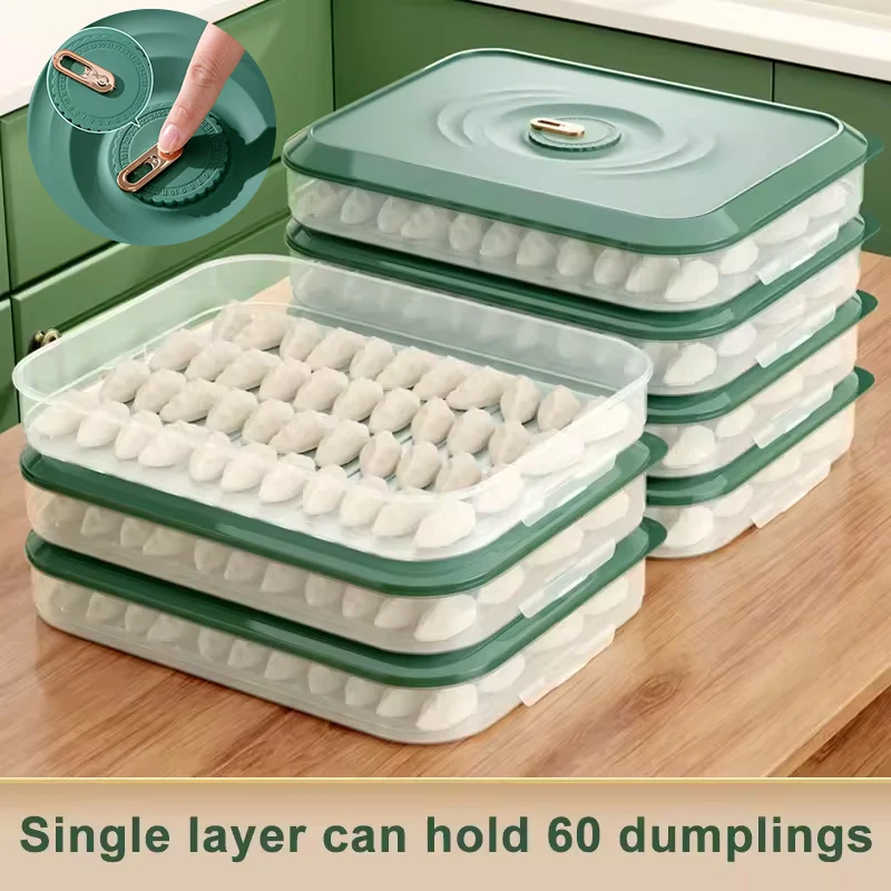 2-Layer Stackable Dumpling Box Plastic Food Container Organizer with Lid for Kitchen Refrigerator Storage Rectangle Shape