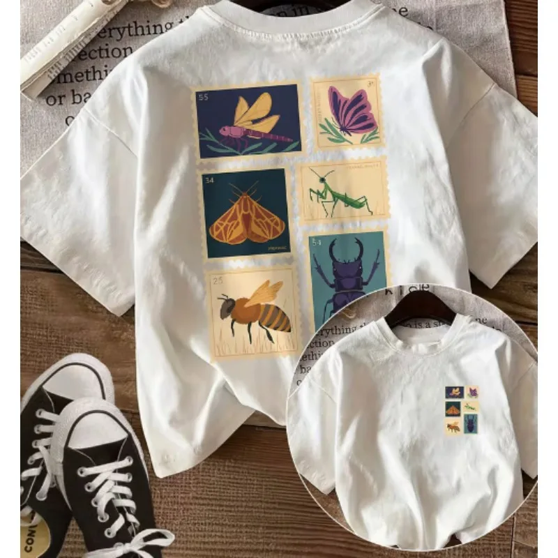 Ladies' Pure Cotton T-shirt Retro Style Stamp Insect Dragonfly Butterfly Bee Printed Casual Round Neck Short Sleeved Tops