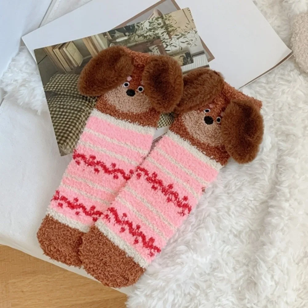 Cartoon Stripe Puppy Ears Coral Fleece Socks Polka Dot Warm Sleeping Socks Soft Dog Thicken Velvet Socks Fall/Winter