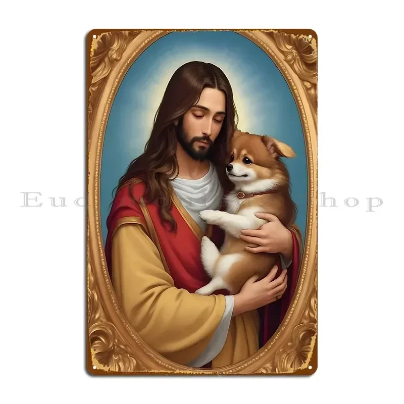 Jesus Carrying A Pomeranian Metal Sign Wall Mural Kitchen Personalized Cinema Bar Tin Sign Poster