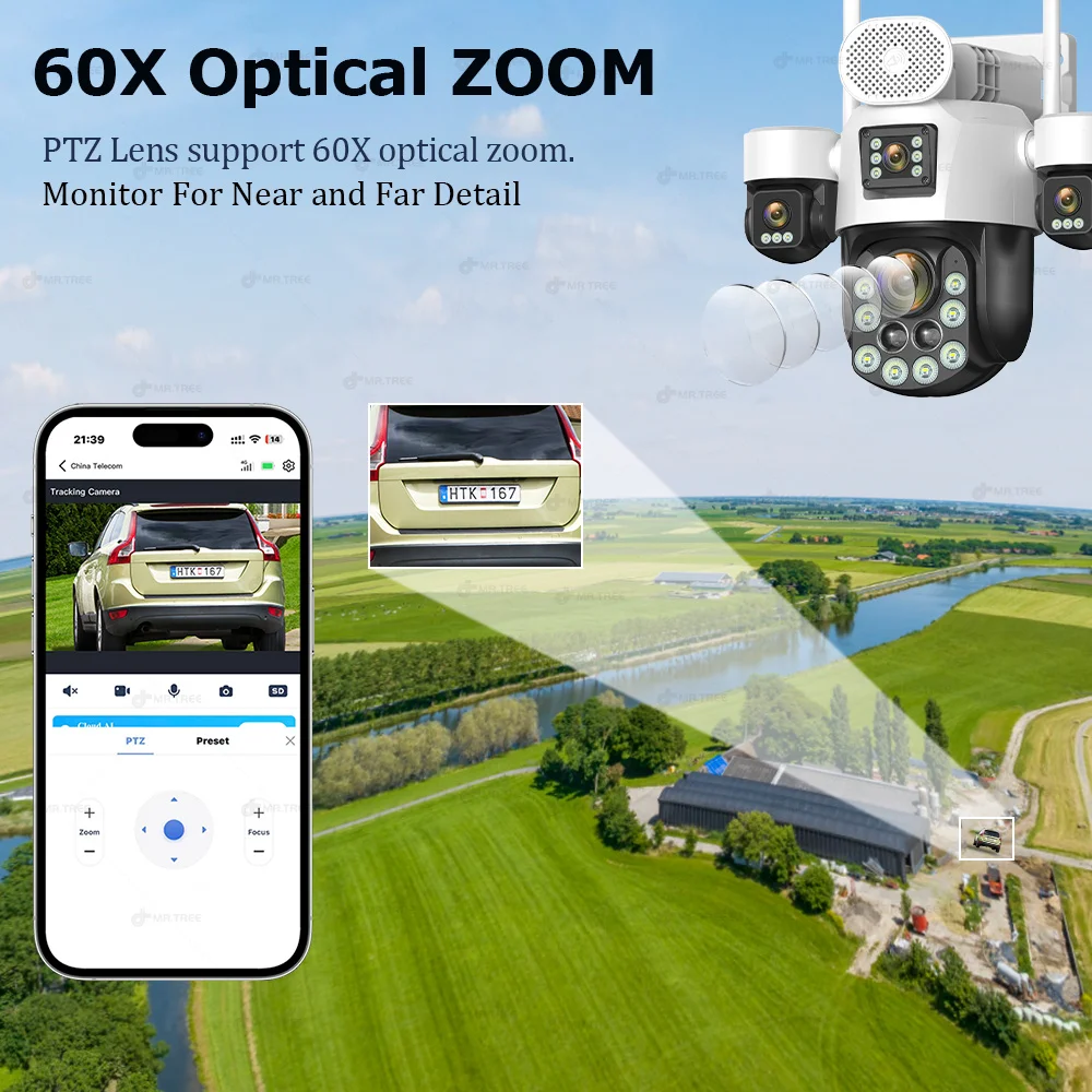 AOV Four Lens Outdoor Surveillance Solar Camera 20MP 4G SIM 60X Optical Zoom Home Security PTZ Auto Tracking Cameras 24/7 Record