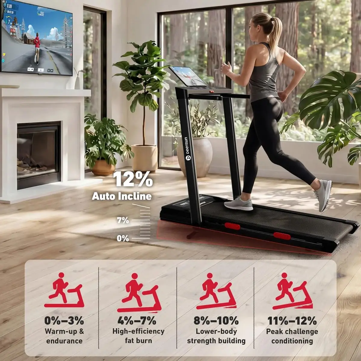 Smart Treadmill for Home Office Use with Automatic 12% Incline