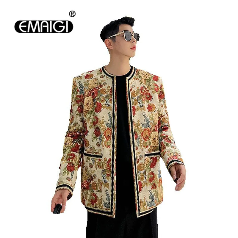 

Collarless Vintage Flower Jacquard Luxurious Coat for Men and Women Korea Streetwear Net Celebrity Fashion Loose Casual Jacket