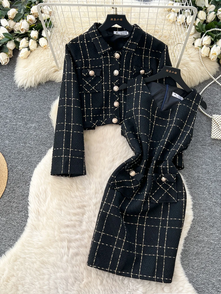 Ele Plaid Woolen Dr Women's Autumn Winter Slimming Svel Long Sve ort Coat High Waist Faion Set Casual Wor...