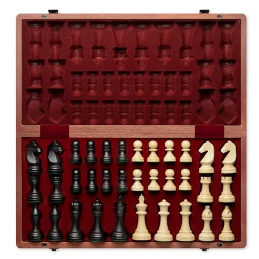 

Portable travel chess set with natural mahogany 19-inch folding wooden board and 3.75-inch Staunton pieces including 2 extra qu