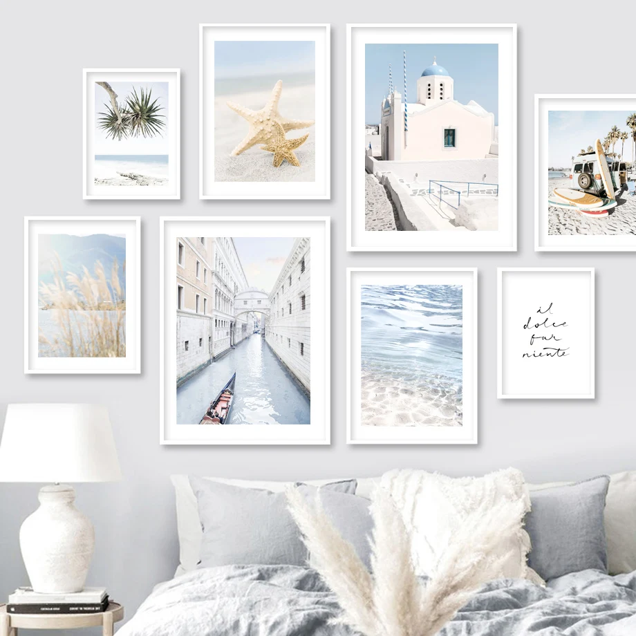 Wall Art Canvas Painting Light Blue Santorini Beach Ocean Surf Boat Swing Posters and Prints Wall Pictures for Living Room Decor