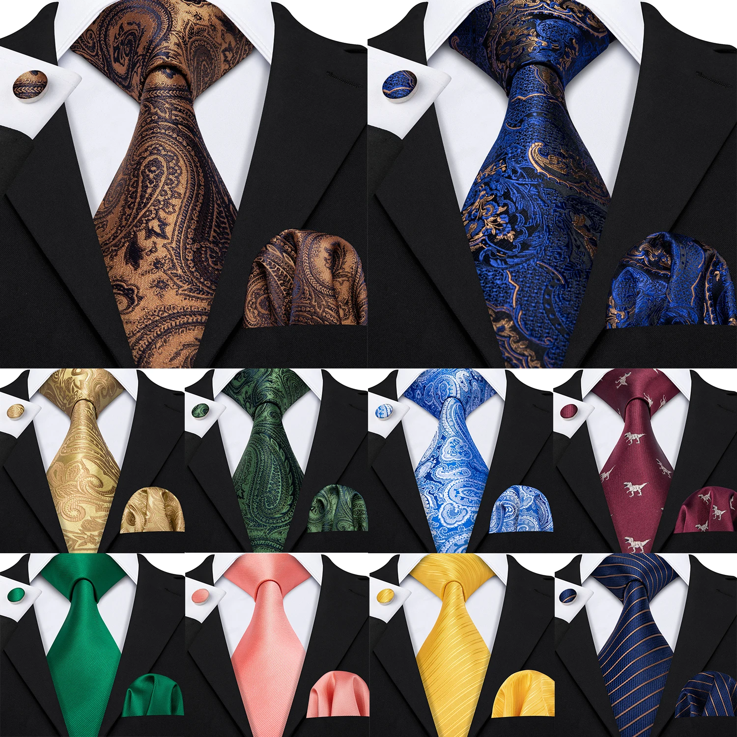 

Silk Mens Tie Hanky Cufflinks Set Jacquard Brown Blue Gold Pink Floral Paisley Striped Neckties for Wedding Business Barry Wang