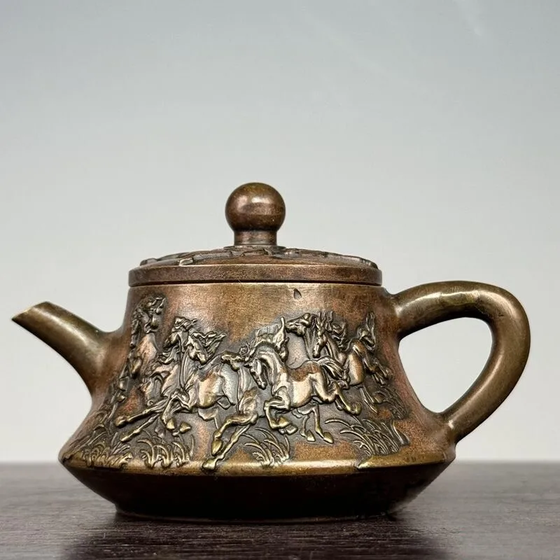 Treasure pure copper carving eight juntu ten thousand horses galloping retro handle pot antique teapot kettle home tea table dec