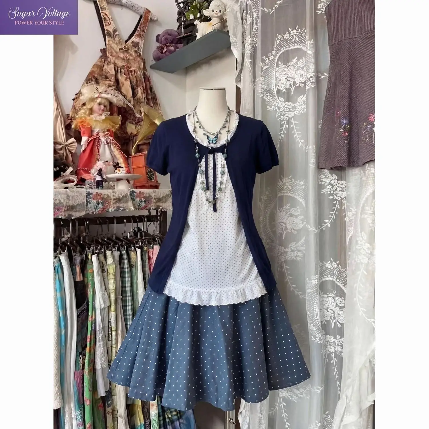 

Vintage Japanese Polka Dot Ruffle Bow 3Pcs Set Petite Women Girls Navy White A Line Skirt Short Sleeve Top Cardigan Daily Wear